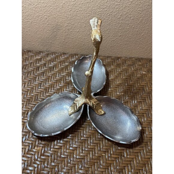 Gold & Silver Metal Pewter Bird Stand With Three Leaf-Shaped Snack Trays - Picture 4 of 7